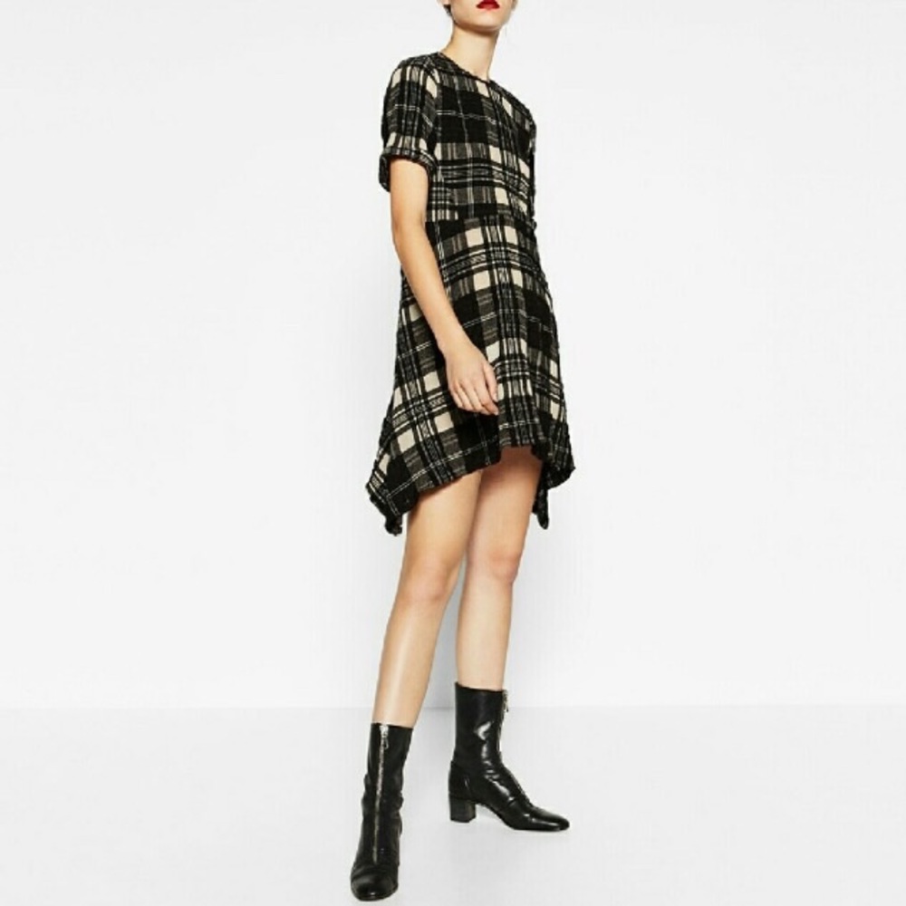 Zara Wool Blend Plaid Asymmetric Hem Dress NWT